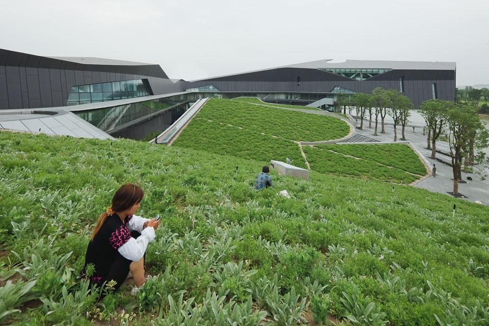 Plants cover the roof of the west block of the campus, creating a thermal mass which helps to control temperatures indoors. The building has a double facade and insulated glazing to moderate the heat of the sun. The west wing houses sports and recreational facilities (a swimming pool, multi-function sport courts) and a hotel for Giant Group guests.