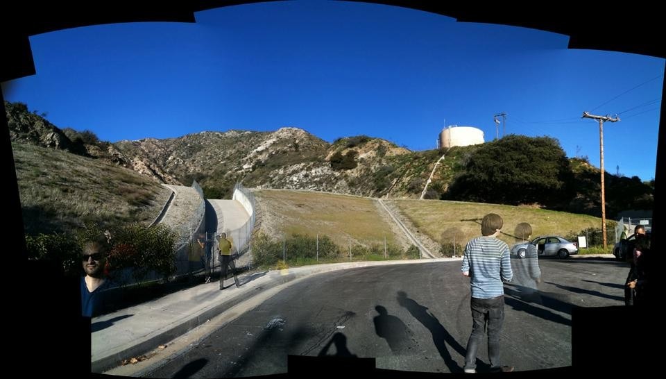 Landscape Futures Super-Workshop students visit the Pine Cone Road Debris Dam on the outskirts of Los Angeles, a site that helps to protect the surrounding neighborhood from landslides. Photo Geoff Manaugh