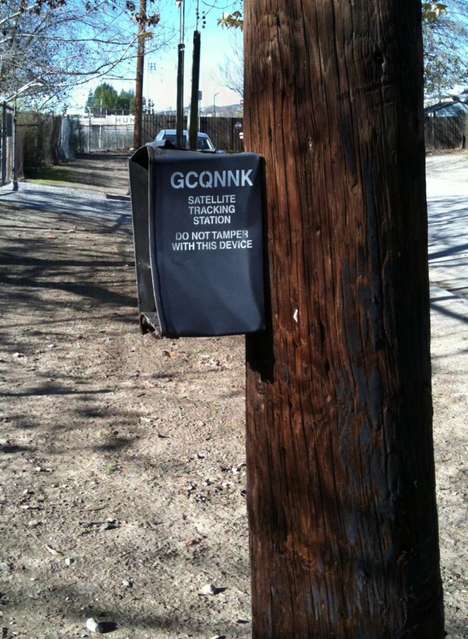 A vandalized "satellite tracking station" found at the headwaters of the L.A. River during a Super-Workshop field trip. Photo Geoff Manaugh