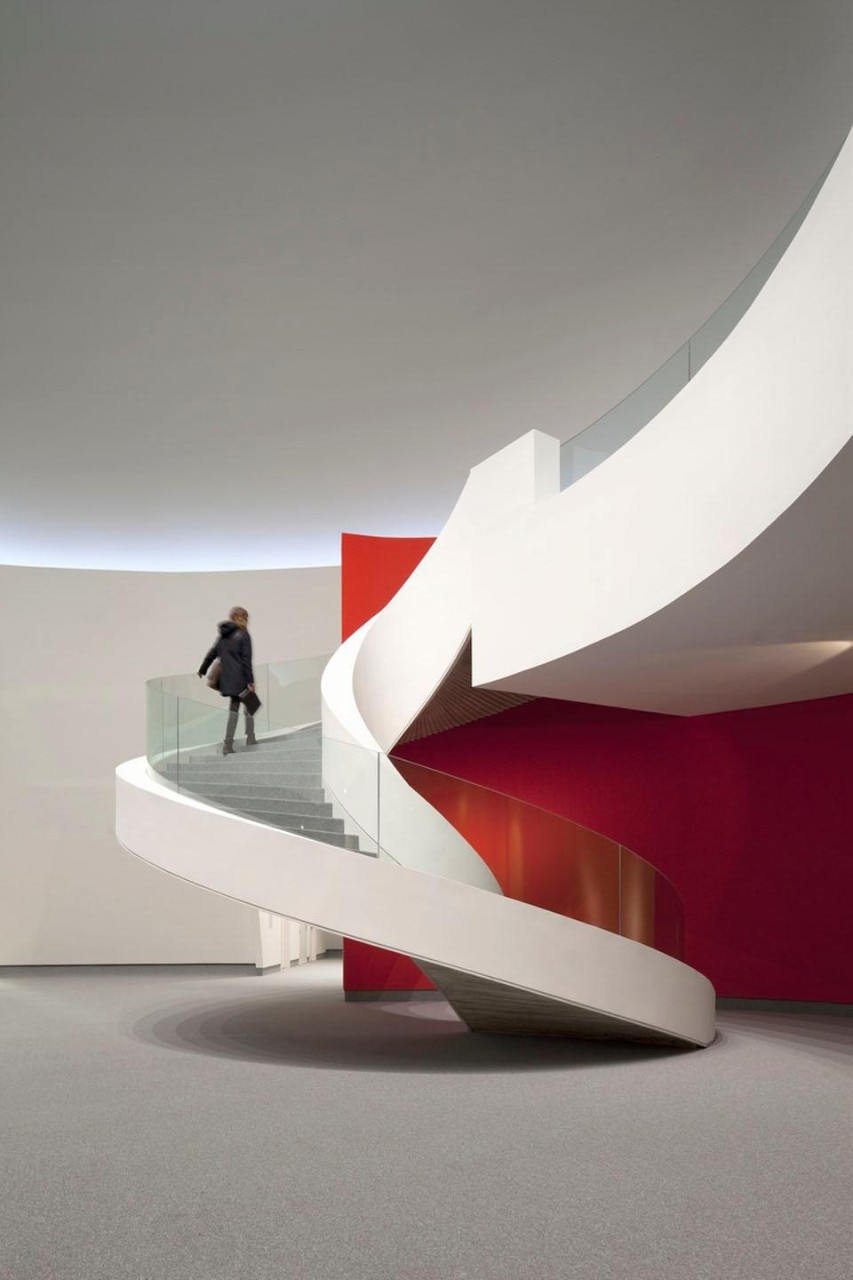 Inside the Museum, a spiraling staircase leads to a mezzanine experience of light and sound installations. The first exhibition opening March 25, <i>La Luz,</i> features the work of Spanish film director Carlo Saura. Photo: © James Ewing Photography