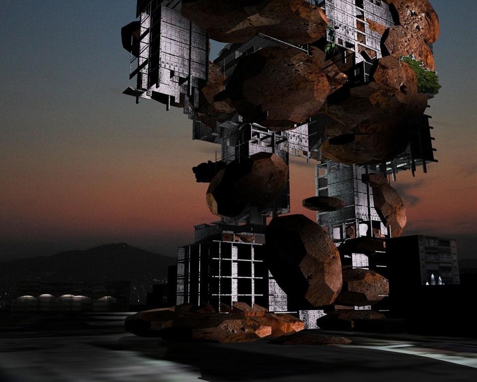 In the short movie by Andreas Angelidakis, Chara transforms itself to leave the city. This is the ultimate reaction of the well-meaning modernist building that can no longer fulfill its goal in the urban context. In the short movie by Andreas Angelidakis, Chara transforms itself to leave the city. This is the ultimate reaction of the well-meaning modernist building that can no longer fulfill its goal in the urban context.