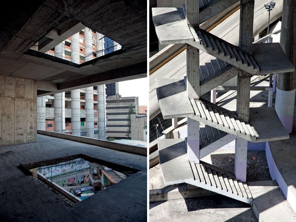 Left: An elevator shaft perforates
the floor slabs of the parking lot.
Looking downwards, one can
see the kindergarten in barrio
Sarría; upwards, a view of the
tower’s evangelical wing. Right: The stairs leading to the
tower’s parking lot. Despite the
absence of handrails, they are
regularly used by the building’s
inhabitants.