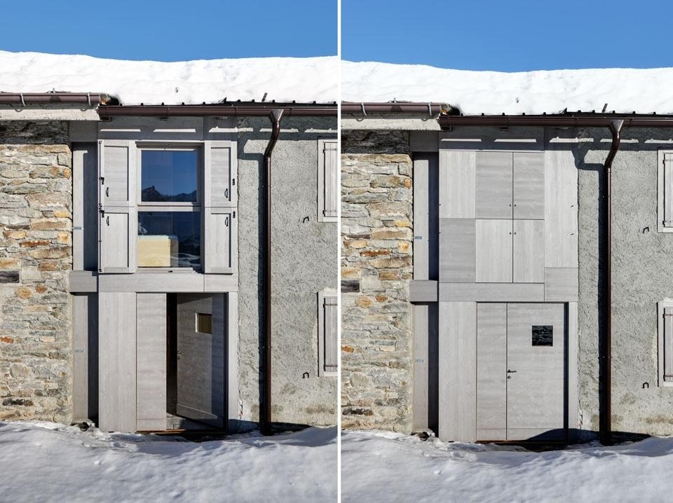 In Scaramellini’s micro-cabin, the facade is composed of geometric panels in a checkerboard pattern concealing a large window.