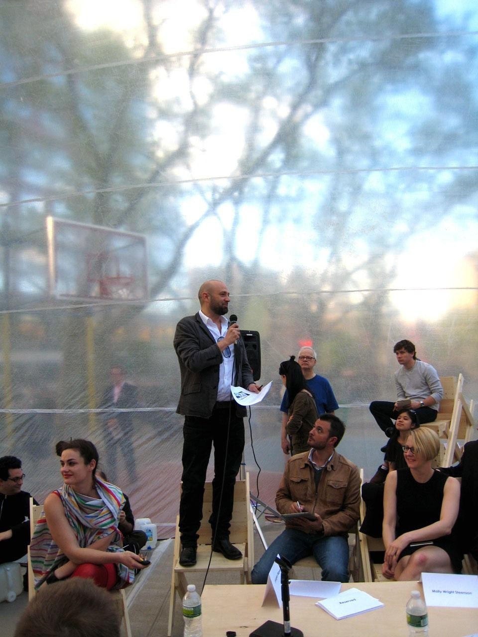 Jürgen Mayer (with Eva Franch, seated to the left) in the Spacebuster, photograph by Gideon Fink Shapiro.