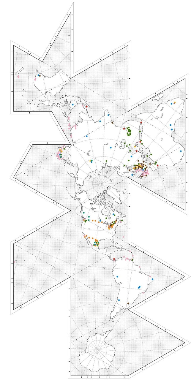 Map representing the earth’s surface as an
icosahedron, in homage to Buckminster Fuller’s famous
Dymaxion projection, and showing the locations of 259
critical infrastructures.
