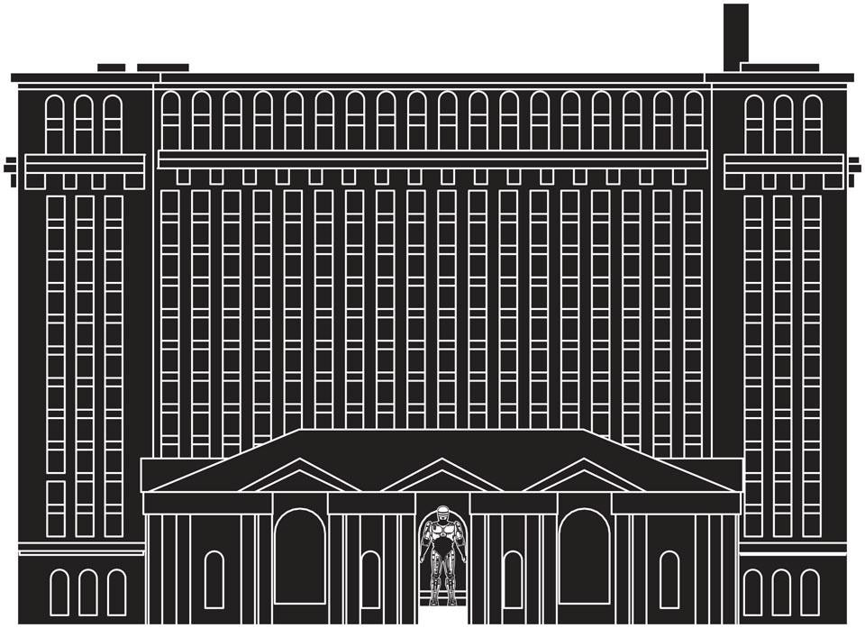 A graphic reconstruction
of the RoboCop monument
in front of the facade of
Michigan’s ex-Central
Station, a building that has
come to symbolise urban
decline in Detroit. A graphic reconstruction
of the RoboCop monument
in front of the facade of
Michigan’s ex-Central
Station, a building that has
come to symbolise urban
decline in Detroit.