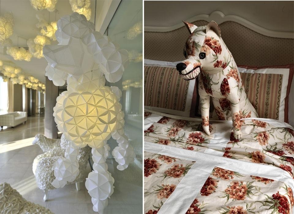 Left: the large poodle-shaped lamps at the entrance of the hotel. Right: a detail of the Little Red Riding Hood room.