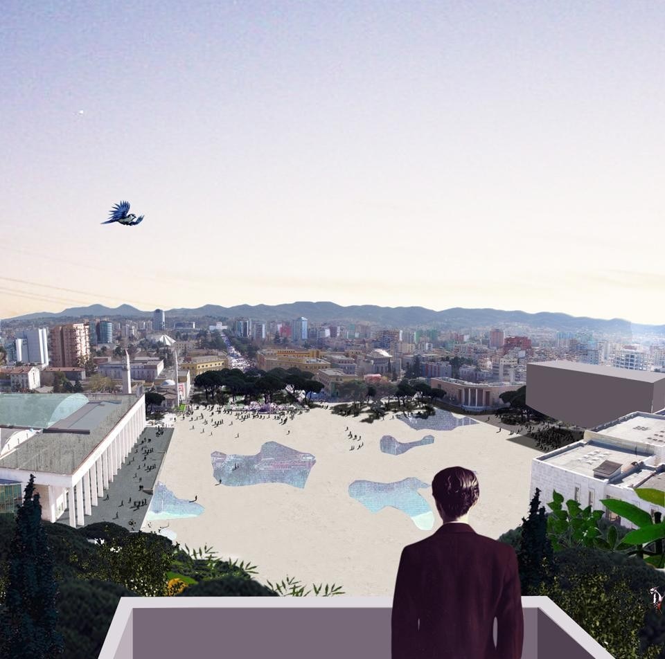 51N4E's winning masterplan design, rendered by artist Anri Sala, for Skanderbeg Square in Tirana, 2008-2012.
