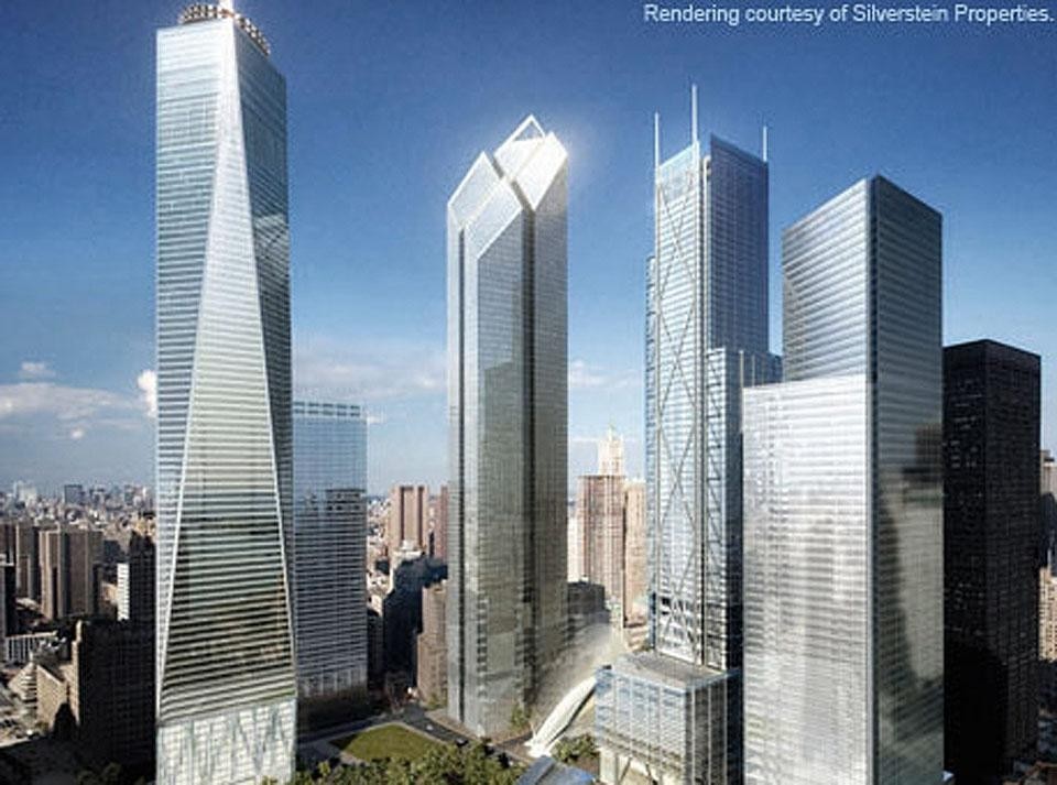 Atelier Daniel Libeskind, with David Childs of SOM, proposed reconstruction of the World Trade Center site, 2002-2009. One World Trade Center (formerly named Freedom Tower and Liberty Tower) at left. Rendering courtesy of Silverstein Properties.