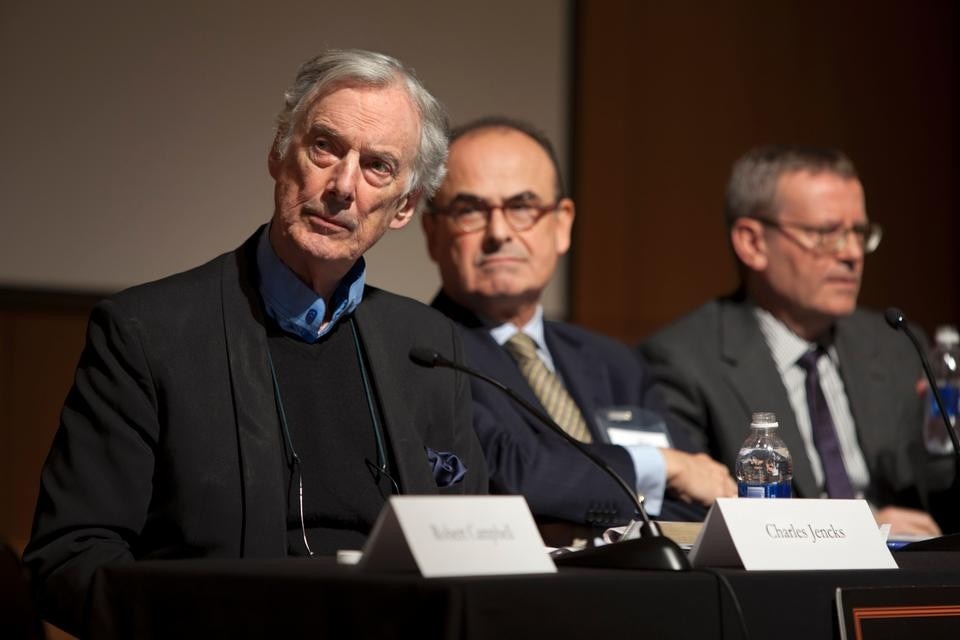 Top: Reinhold Martin presenting at the <i>Reconsidering Postmodernism</i> conference, New York (November 11-12). Photo by Anne Barton. Above: Charles Jencks, Demetri Porphyrios, and Mark Wigley on the panel, "Postmodernism: The Aftermath". Photo by Sterne Slaven.