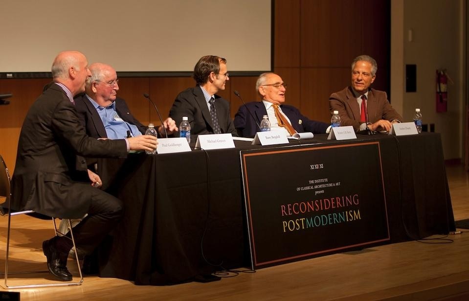 Paul Goldberger, Michael Graves, Barry Bergdoll, Robert A.M. Stern, and Andres Duany on the panel, "Postmodernism: Looking Back". Photo by Sterne Slaven.