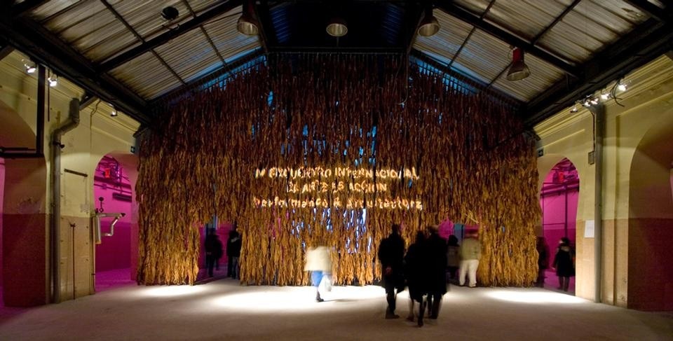 C+ Arquitectos surprised the audience with a wall made of sun dried tobacco leaves in the entrance hall. Photograph by Gabriel Bisbal.