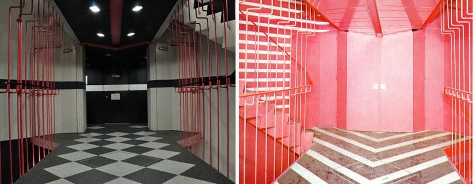 Left: a view of the Niban-kan interior today. Right: The same space with the original flooring, as seen in a 1970s Japanese publication, Domus Archive