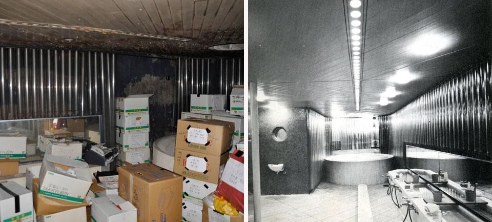 Left: a view of the Niban-kan interior today. Right: The same space, as seen in a 1970s Japanese publication, Domus Archive 