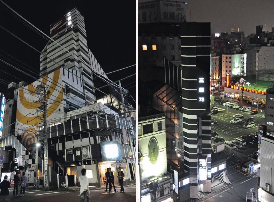 Top: Panoramic night view of the two buildings. Above: Left, the Iban-kan [Building number one], 1967-69; Right, Niban-kan [Building number two], 1968-70. Photos by Matteo Belfiore  