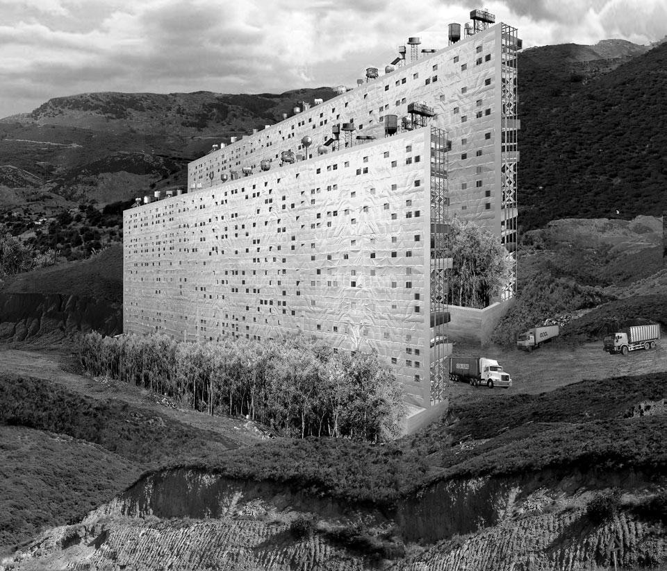 Top: Perry Kulper, <em>The Central California History Monument</em>, competition (photomontage and hybrid techniques). Above: Aristide Antonas, the vertical mobile village offers temporary housing for new residential areas in Hymettus, Athens, Greece Top: Perry Kulper, <em>The Central California History Monument</em>, competition (photomontage and hybrid techniques). Above: Aristide Antonas, the vertical mobile village offers temporary housing for new residential areas in Hymettus, Athens, Greece
