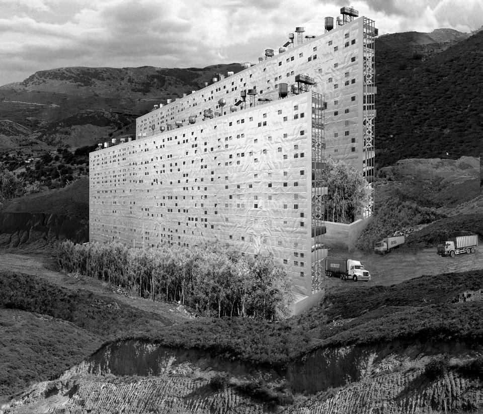 Top: Perry Kulper, <em>The Central California History Monument</em>, competition (photomontage and hybrid techniques). Above: Aristide Antonas, the vertical mobile village offers temporary housing for new residential areas in Hymettus, Athens, Greece