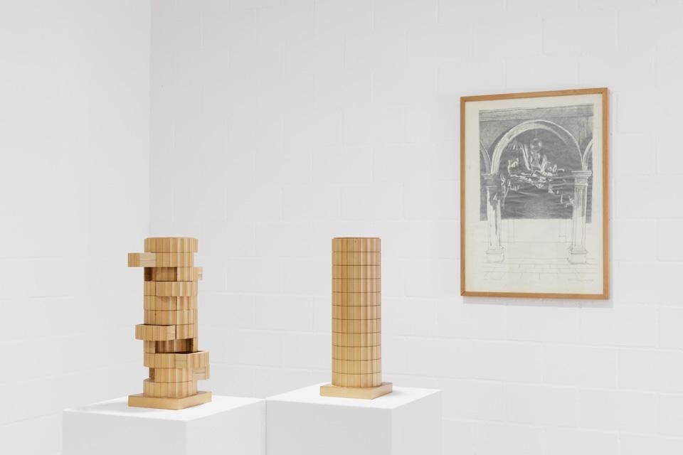 Trix & Robert Haussmann, <em>The Log-O-Rythmic Slide Rule</em>, 2012, exhibition view;
Left: <em>Lehrstück II: "Störung der Form durch die Funktion"</em>, 1978; Right: Drawing <em>"San
Marco"</em>, 1976, photo by Gunnar Meier