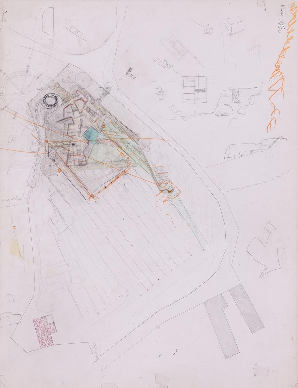 Carlo Scarpa, Villa Ottolenghi, general site plan, including preliminary plan of the villa.  Courtesy of The Irwin S. Chanin School of Architecture Archive of The Cooper Union
