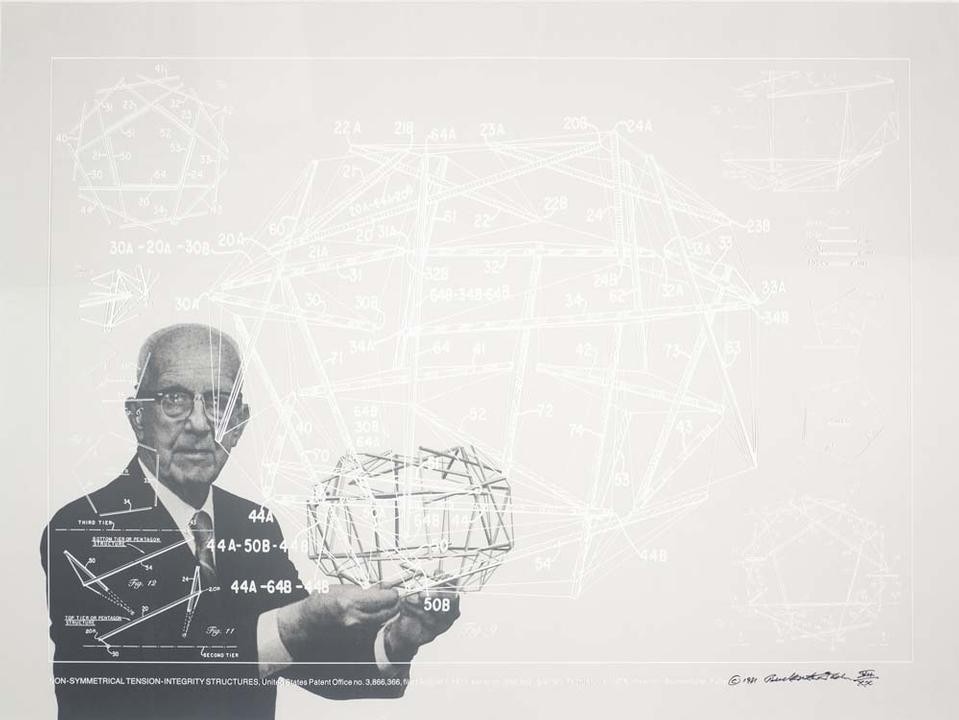 Buckminster Fuller and Chuck Byrne, <em>Non-Symetrical Tension-Integrity Structures</em>, United States Patent Office no. 3,866,366, from the portfolio <em>Inventions: Twelve Around One</em>, 1981. © The Estate of R. Buckminster Fuller, All Rights reserved. Published by Carl Solway Gallery, Cincinnati Buckminster Fuller and Chuck Byrne, <em>Non-Symetrical Tension-Integrity Structures</em>, United States Patent Office no. 3,866,366, from the portfolio <em>Inventions: Twelve Around One</em>, 1981. © The Estate of R. Buckminster Fuller, All Rights reserved. Published by Carl Solway Gallery, Cincinnati