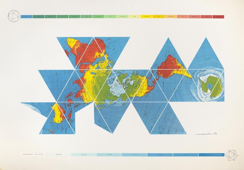 Buckminster Fuller and Chuck Byrne, <em>Dymaxion Air-Ocean World Map</em>, 1981. © The Estate of R. Buckminster Fuller, All Rights reserved Buckminster Fuller and Chuck Byrne, <em>Dymaxion Air-Ocean World Map</em>, 1981. © The Estate of R. Buckminster Fuller, All Rights reserved