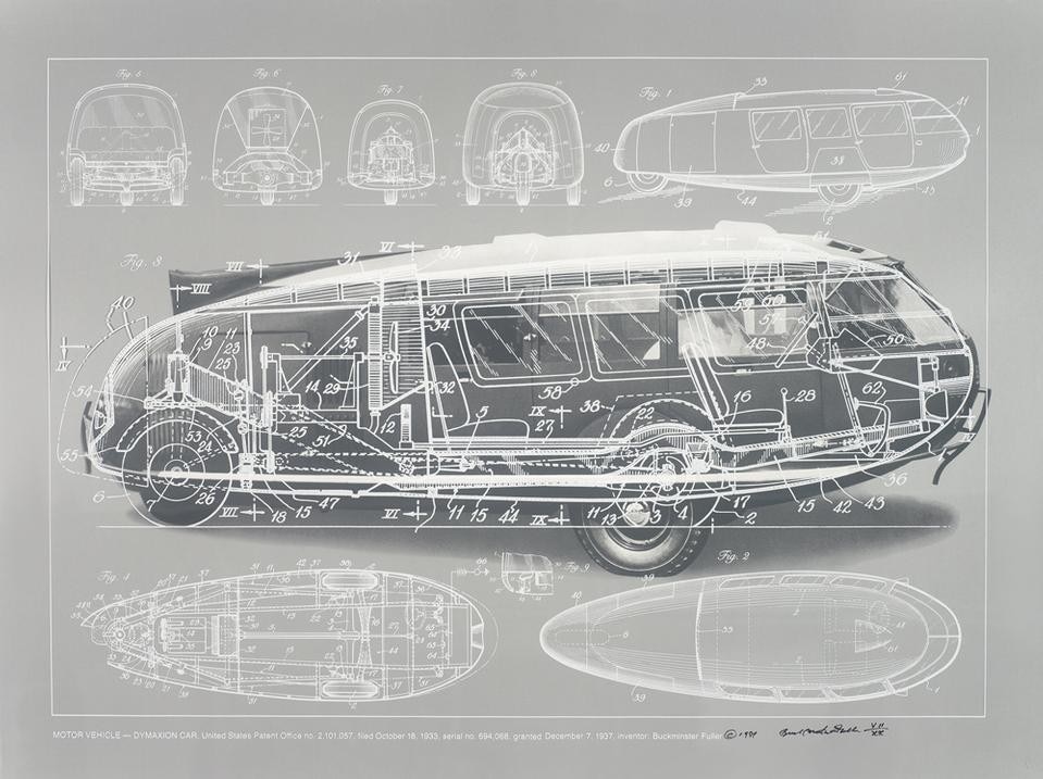 Top: 1. Buckminster Fuller and Chuck Byrne, <em>Building Construction/Geodesic Dome</em>, United States Patent Office no. 2,682,235, from the portfolio <em>Inventions: Twelve Around One</em>, 1981. © The Estate of R. Buckminster Fuller, All Rights reserved. Published by Carl Solway Gallery, Cincinnati. Above: Buckminster Fuller and Chuck Byrne, <em>Motor Vehicle-Dymaxion Car</em>, United States Patent Office no. 2,101,057, from the portfolio <em>Inventions: Twelve Around One</em>, 1981. © The Estate of R. Buckminster Fuller, All Rights reserved. Published by Carl Solway Gallery, Cincinnati Top: 1. Buckminster Fuller and Chuck Byrne, <em>Building Construction/Geodesic Dome</em>, United States Patent Office no. 2,682,235, from the portfolio <em>Inventions: Twelve Around One</em>, 1981. © The Estate of R. Buckminster Fuller, All Rights reserved. Published by Carl Solway Gallery, Cincinnati. Above: Buckminster Fuller and Chuck Byrne, <em>Motor Vehicle-Dymaxion Car</em>, United States Patent Office no. 2,101,057, from the portfolio <em>Inventions: Twelve Around One</em>, 1981. © The Estate of R. Buckminster Fuller, All Rights reserved. Published by Carl Solway Gallery, Cincinnati