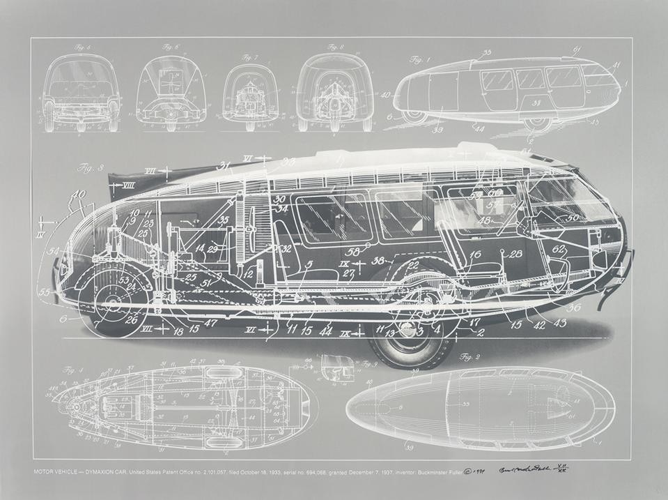 Top: 1.	Buckminster Fuller and Chuck Byrne, <em>Building Construction/Geodesic Dome</em>, United States Patent Office no. 2,682,235, from the portfolio <em>Inventions: Twelve Around One</em>, 1981.  © The Estate of R. Buckminster Fuller, All Rights reserved. Published by Carl Solway Gallery, Cincinnati. Above: Buckminster Fuller and Chuck Byrne, <em>Motor Vehicle-Dymaxion Car</em>, United States Patent Office no. 2,101,057, from the portfolio <em>Inventions: Twelve Around One</em>, 1981. © The Estate of R. Buckminster Fuller, All Rights reserved. Published by Carl Solway Gallery, Cincinnati