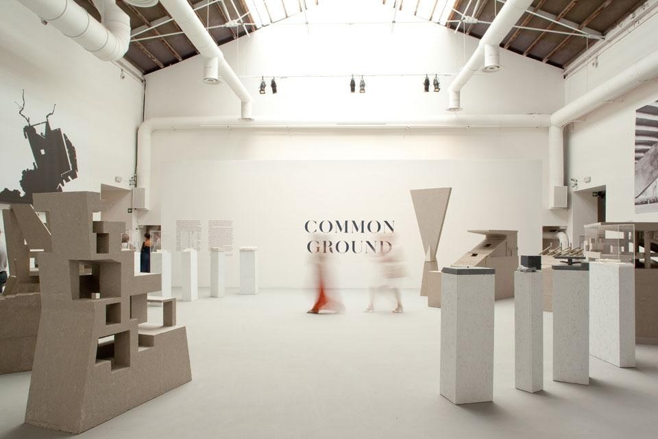 Top and above: the Grafton Architects and Paulo Mendes da Rocha installation for the Venice Biennale 13th International Architecture Exhibition. The drawing in the background compares the plan of UTEC in Lima with that of the Serra Dourada stadium in Goiâna. Photo by Alice Clancy