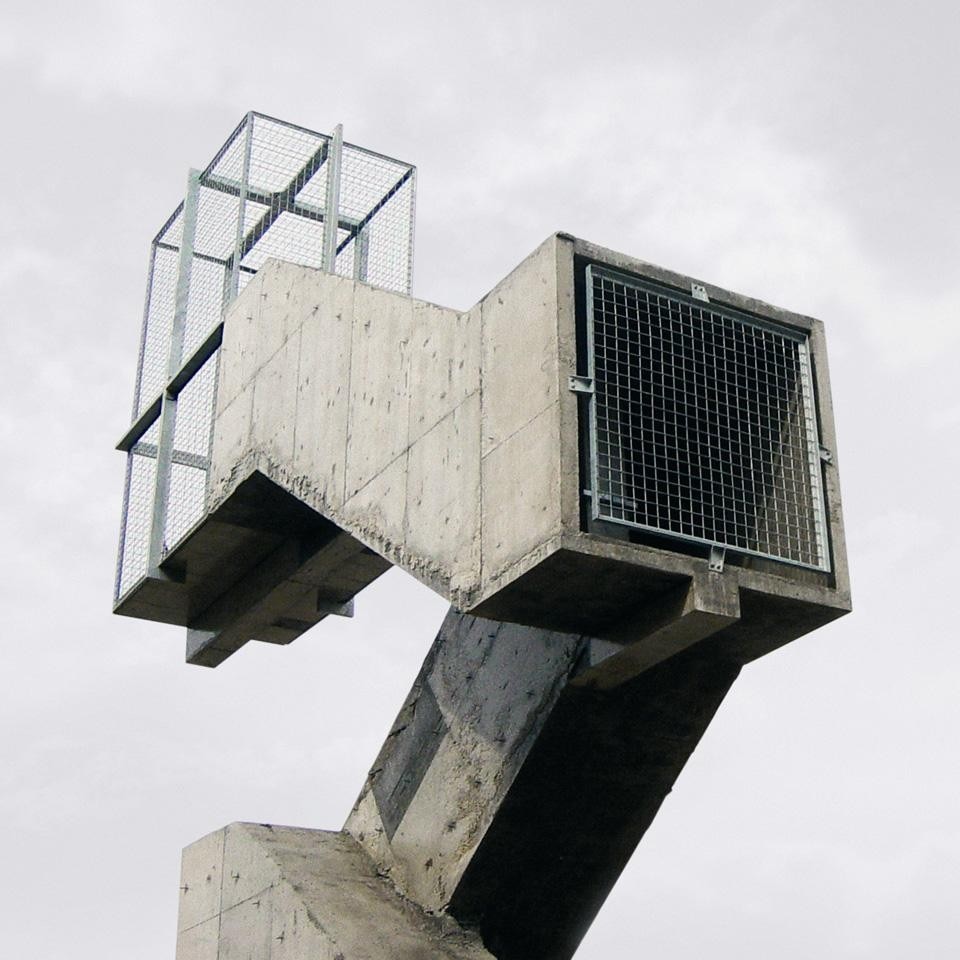 Top: Jason Crum, <em>Project for a painted wall</em>, Hartford, Connecticut, 1969. The Museum of Modern Art, New York. Above: Didier Faustino, <em>Stairway to Heaven</em>, 2002. The Museum of Modern Art, New York