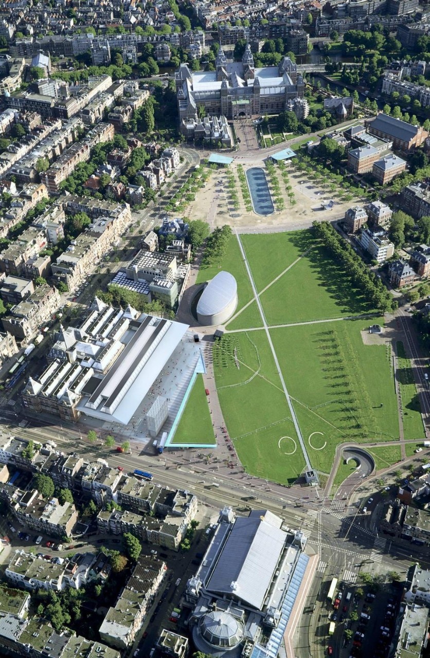 Overview of the Museumplein. Counterclock-wise from top Rijksmuseum, Van Gogh Museum, Stedelijk Museum, Concertgebouw. Photo by KLM Carto