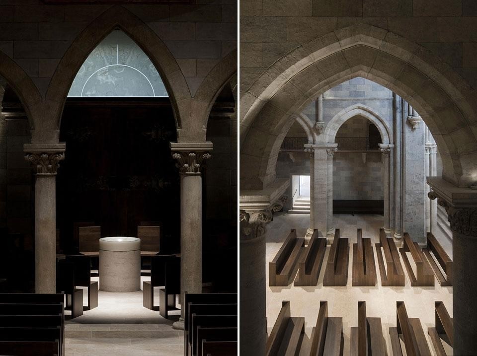 Left: the new baptismal font is located under the basilica’s tower, on the nave’s central axis, with scope to configure the seating to form an inwardly focused area for baptism. Right: a new doorway — in the location of an earlier classical door — allows the community to process directly from the lower sacristy into the church, via a new set of steps