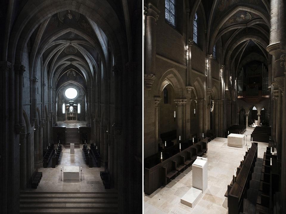Left: the eye is led through the nave, past a succession of key landmarks, including the altar, the lectern and the three arched windows of the apse, upwards to the celestial circle of light. Right: a common construction language unites all of the new liturgical elements, each piece being fabricated from blocks of two varieties of stone: limestone and onyx 