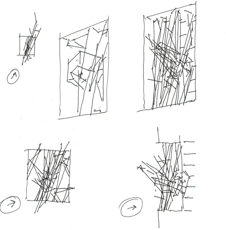 Lebbeus Woods and Christoph a. Kumpusch, concept sketch for the Light Pavilion in Chengdu, China