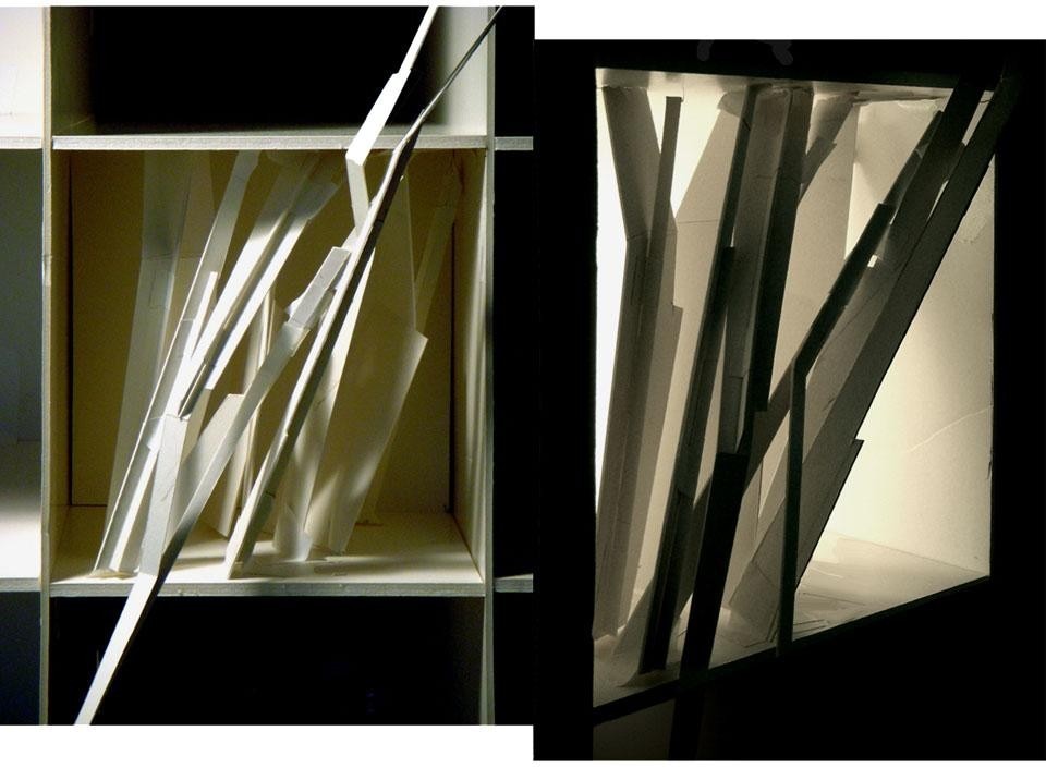 Top: Cover detail of Domus 800, designed by Lebbeus Woods in 1998. Above: Lebbeus Woods and Christoph a. Kumpusch, concept model for the Light Pavilion in Chengdu, China