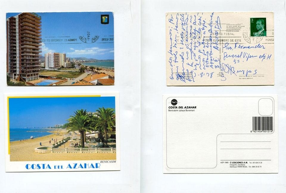 Benicassim. Top: Postcard dated 4 August 1982 (King Juan Carlos I stamp). Below: Postcard from 2012 Benicassim. Top: Postcard dated 4 August 1982 (King Juan Carlos I stamp). Below: Postcard from 2012