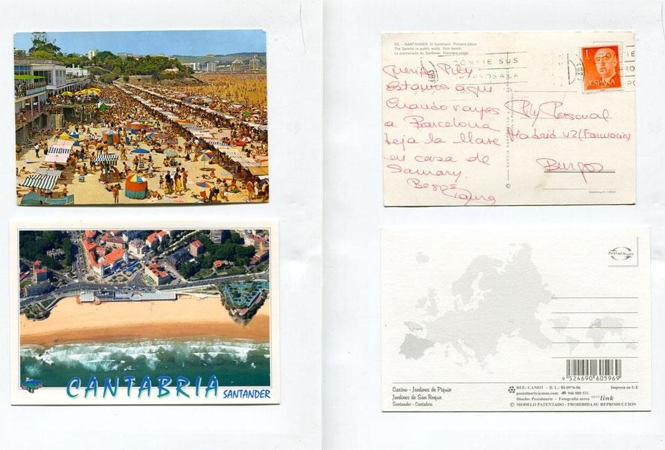 Santander. Top: Illegible postcard Illegible (King Juan Carlos I stamp) . Below: Postcard from 2012 Santander. Top: Illegible postcard Illegible (King Juan Carlos I stamp) . Below: Postcard from 2012