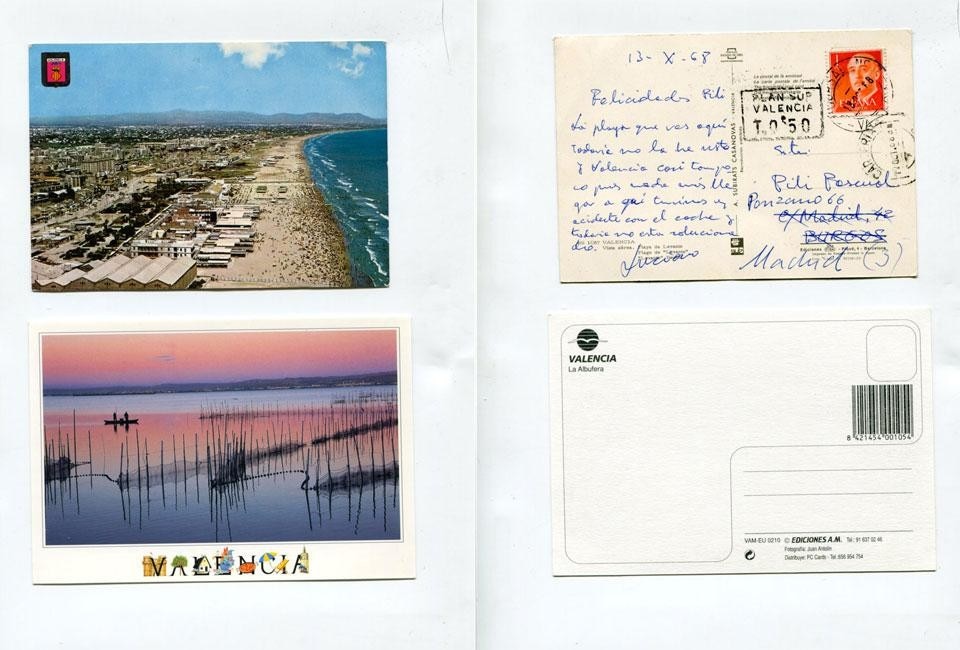 Valencia. Top: Postcard dated 13 October 1968 (Dictator Franco stamp). Below: Postcard from 2012