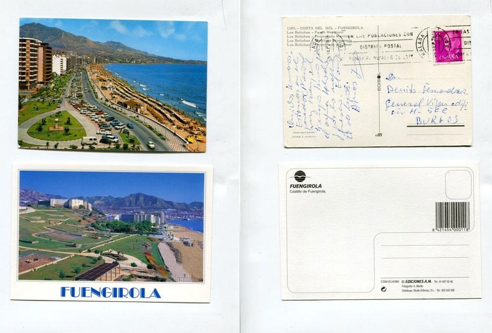 Fuengirola. Top: Postcard dated 24 September 1976 (Dictator Franco stamp). Below: Postcard from 2012