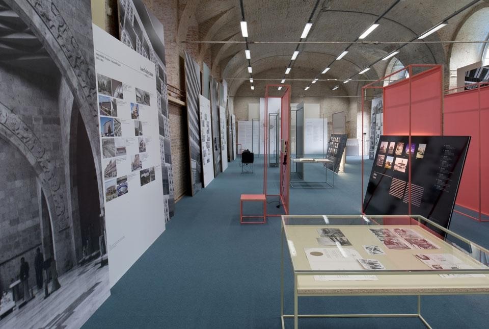 Top: Hero Fortress Brest Memorial, 1971, Brest, Belarus © Belorussian State Archive of Scientific-Technical
Documentation. Above: <em>Soviet Modernism 1955–1991. Unknown Stories</em> installation view at the Architekturzentrum, Vienna. Photo by Pez Hejduk