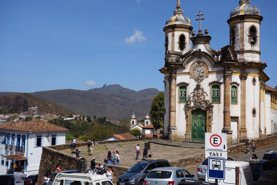 Top: Aerial view of São Paulo, Brazil. Above: San Francisco Church in Ouro Preto, Brazil