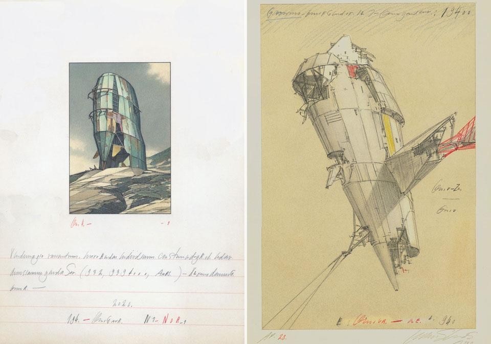 Left, Lebbeus Woods, <em>Solohouse</em>, 1988-1989. Right, Lebbeus Woods, <em>Aerial Paris</em>, 1988-1989