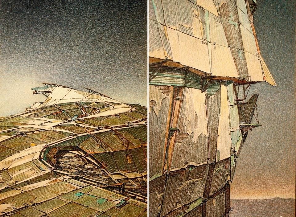 Top: Lebbeus Woods, <em>Underground Berlin,</em> 1988. Above: Lebbeus Woods, <em>DMZ</em>, 1988-1989