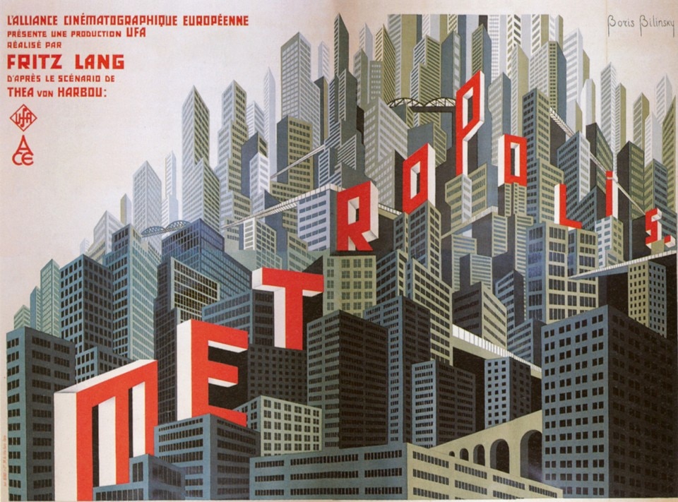 El Lissitzky, Wolkenbügel, 1924–25, photomontageBoris Bilinsky, film poster for Metropolis, 1927. Courtesy René Clément-Bilinksy