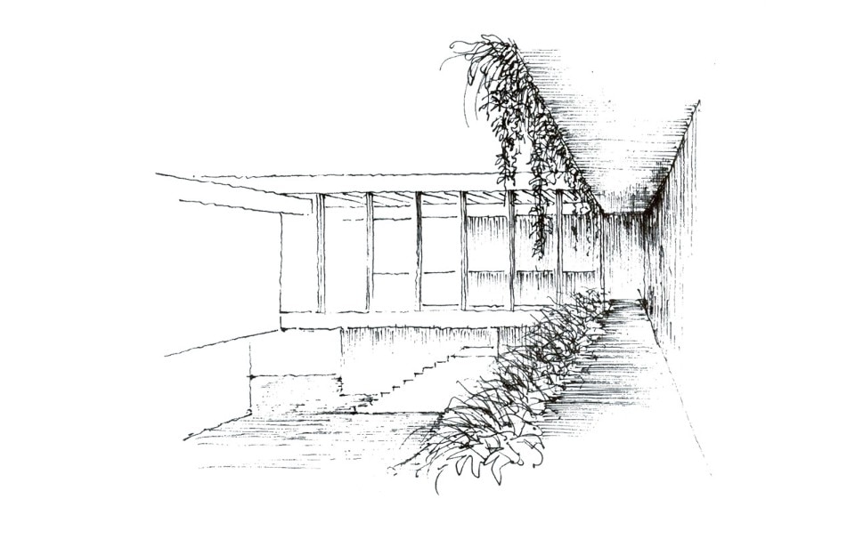 Schizzo del cortile di Casa Tepetate, Manuel Cervantes Céspedes: il disegno mette in evidenza la composizione dei pilastri in acciaio