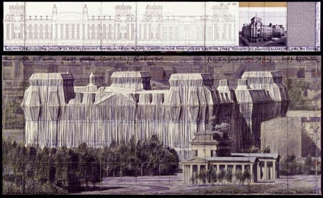 Christo, Wrapped Reichstag, project for Berlin, 1995. National Gallery of Art, Washington, gift of Christo and Jeanne-Claude in honor of Dorothy and Herbert Vogel. © Christo