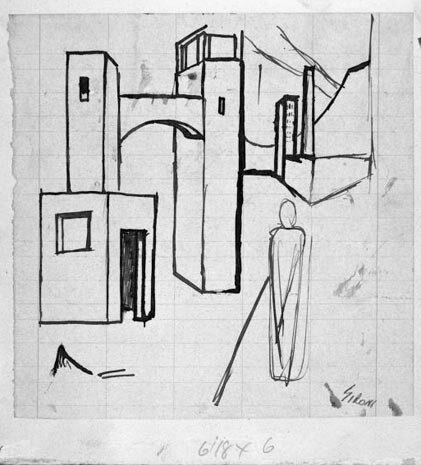 <i>Metaphysical Landscape and Figure</i>, ink on paper, 1918