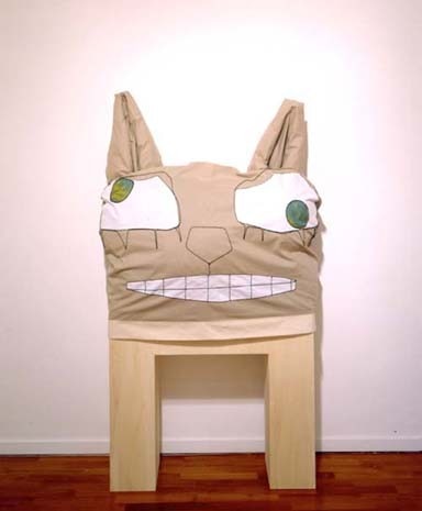 "Dancing with myself", cloth with appliqués and embroideries, cushions stuffing, wooden  support and sonorous installation
