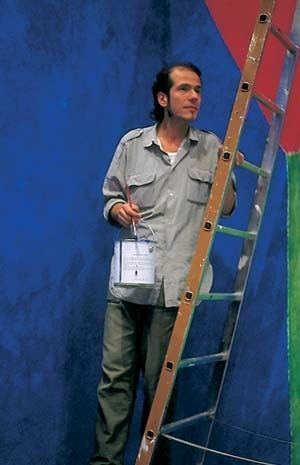 A portrait of Nicola de Maria completing the room painted for the exhibition “Identité Italienne” at the Centre Pompidou in Paris in 1981