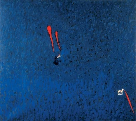 Enzo Cucchi immerses in blue his “Sul marciapiede durante la festa dei cani” (“On the pavement during a dog party”), 1979