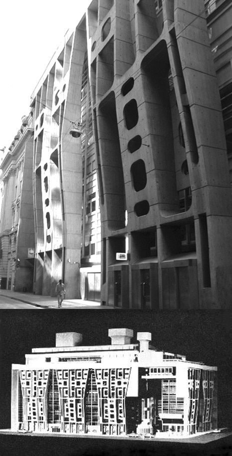 Facade detail and model of the Casa Central del Banco de Londres y América del Sur, with Sanchez Elía, Peralta Ramos y Agostani, an original example of combining public space with strictly private areas